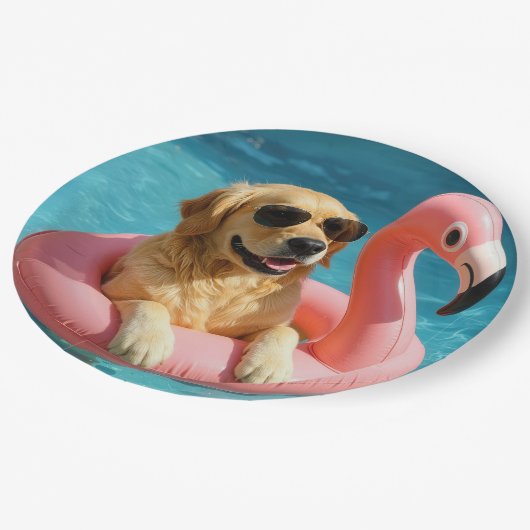 Assiettes En Carton Golden Retriever Floating On a Flamingo Pool Toy (Angle)