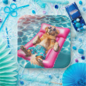 Assiettes En Carton Golden Retriever Flottant Sur Matelas De Piscine (Fête)