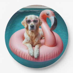 Assiettes En Carton Golden Retriever flottant sur un jouet de piscine 