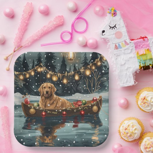 Assiettes En Carton Golden Retriever Noël Festive Voyage (Fête)