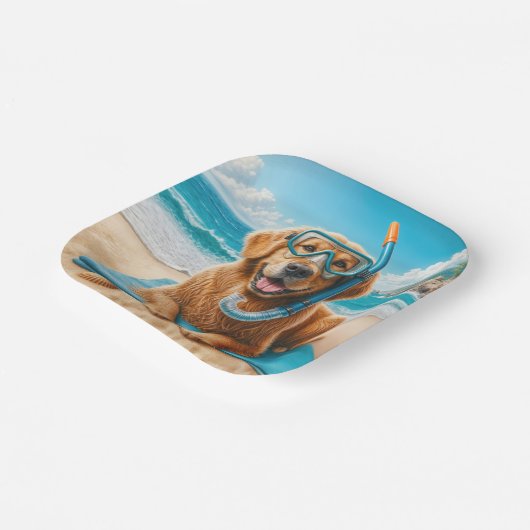 Assiettes En Carton Golden Retriever Portant Un Engin De Plongée (Angulaire)