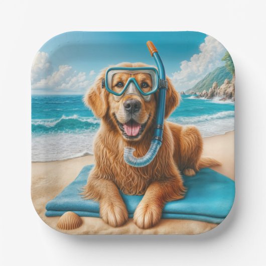Assiettes En Carton Golden Retriever Portant Un Engin De Plongée (Recto)