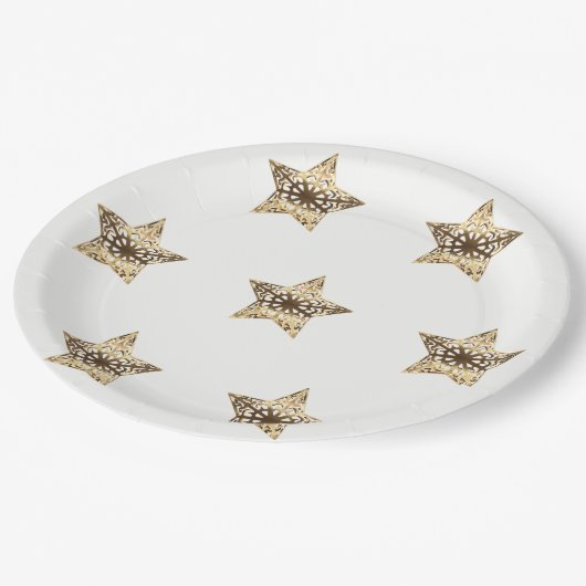 Assiettes En Carton Golden Stars White and Gold Festive Elégant (Angle)