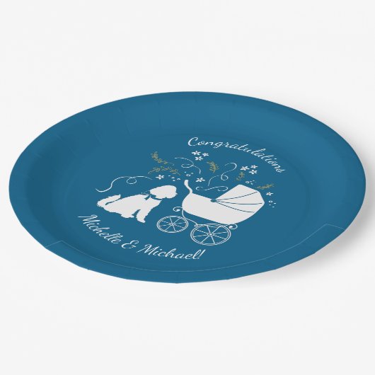 Assiettes En Carton Goldendoodle Chien Baby shower Garçon bleu (Angle)