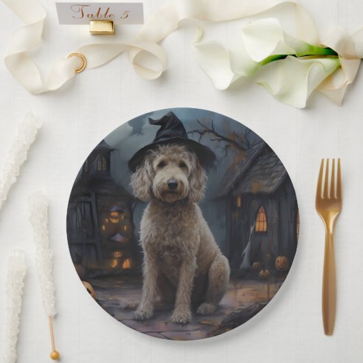 Assiettes En Carton Goldendoodle Citrouille Halloween effrayant (Mariage)
