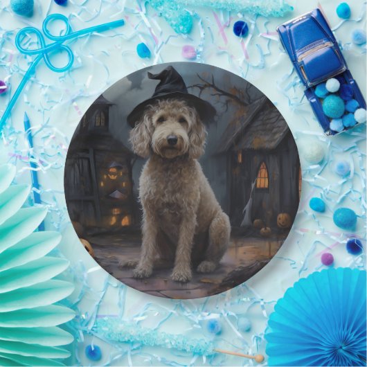 Assiettes En Carton Goldendoodle Citrouille Halloween effrayant (Fête)