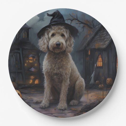 Assiettes En Carton Goldendoodle Citrouille Halloween effrayant (Devant)