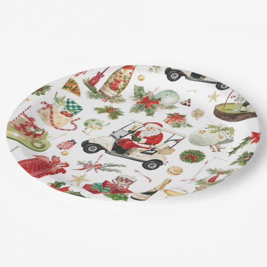 Assiettes En Carton Golf Christmas with Santa Claus golfing (Angle)