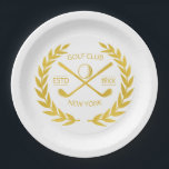 Assiettes En Carton Golf Club Gold personnalisé Élégant minimaliste mo<br><div class="desc">Plaques de papier de club de golf en or personnalisé dans un design élégant, moderne, minimaliste, chic. Plaques personnalisées en papier club de golf avec couronne de laurier, deux clubs de golf croisés et balle de golf. Housse de tête de conducteur de golf personnalisée avec votre logo, nom, texte, année,...</div>