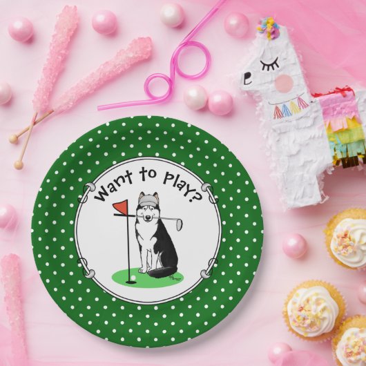 Assiettes En Carton Golf Sibérien Husky (noir) Chien Jouant Mal Drôle (Fête)