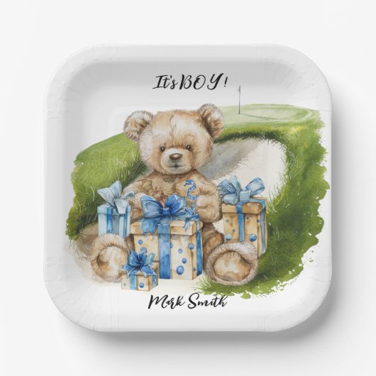 Assiettes En Carton Golf Teddy Bear It's Boy for Baby shower (Recto)