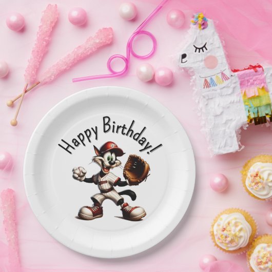 Assiettes En Carton Goofy Cat Baseball Pitcher Vient Joyeux Anniversai (Fête)