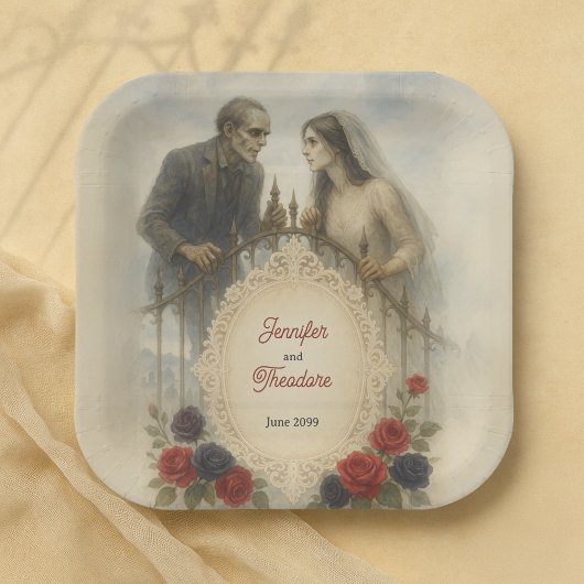 Assiettes En Carton Goth Couple Zombie Mariage d'Halloween