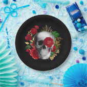 Assiettes En Carton Goth Crâne avec Fleurs rouges et Feuilles d'or (Fête)