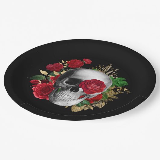Assiettes En Carton Goth Crâne avec Fleurs rouges et Feuilles d'or (Angle)