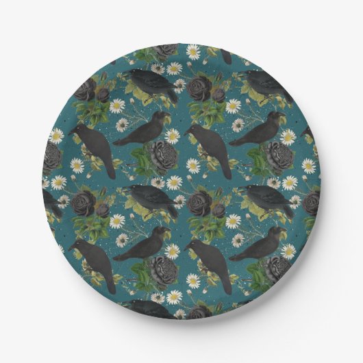 Assiettes En Carton Goth Crows et Roses noirs Profond Turquoise Motif (Devant)