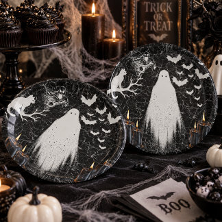 Assiettes En Carton Gothique Halloween Fantôme Noir et Blanc