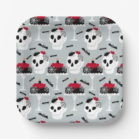 Assiettes En Carton Gothique Skeleton Skull Party Cake Bats Araignées (Recto)