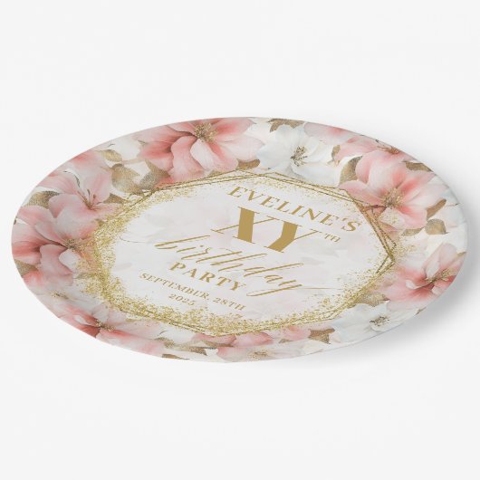 Assiettes En Carton Gracy rose rose florale Plaques de papier d'annive (Angle)
