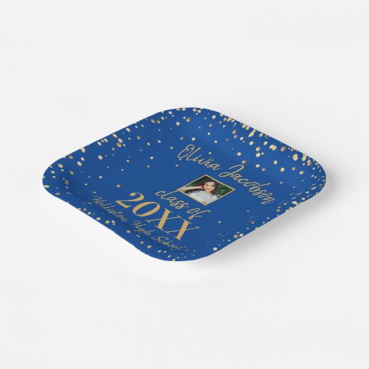 Assiettes En Carton Grad Photo, Gold Confetti, Blue Graduation Party (Angulaire)