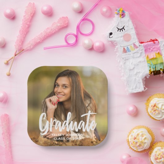 Assiettes En Carton Graduate Photo Bold Script Custom Graduate Party (Fête)