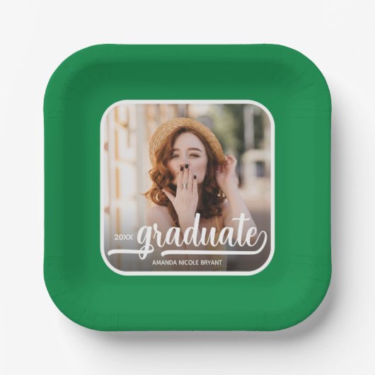 Assiettes En Carton Graduate Photo Bold Script Green Graduation (Recto)