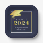 Assiettes En Carton Graduation 2024 Marine Blue Faux Metallic Gold (Front)