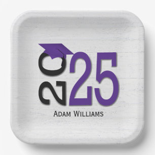 Assiettes En Carton Graduation 2024 violet et noir sur bois