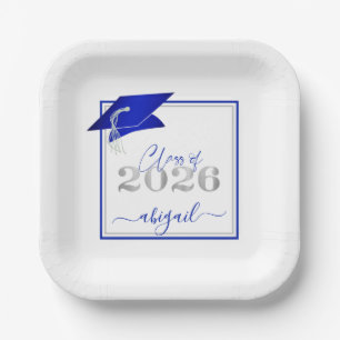 Assiettes En Carton Graduation 2025 Faux Metallic Royal Blue Argent