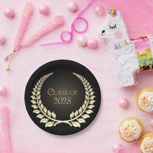 Assiettes En Carton Graduation 2025 Gold Laurel Wreath On Black (Fête)