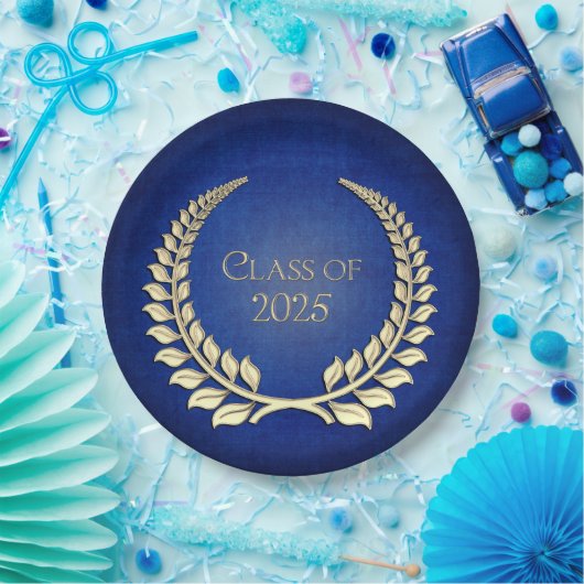 Assiettes En Carton Graduation 2025 Gold Laurel Wreath On Blue (Fête)
