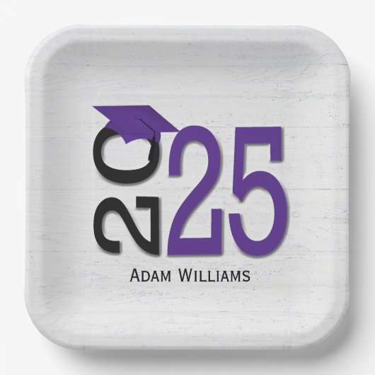 Assiettes En Carton Graduation 2025 violet et noir sur bois (Recto)