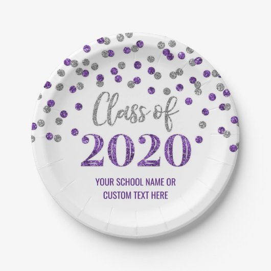 Assiettes En Carton Graduation de Confetti d'argent mauve 2020 (Devant)