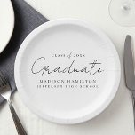 Assiettes En Carton Graduation de script noir manuscrit moderne<br><div class="desc">Élevez votre décor de fête de remise de diplômes avec nos assiettes de finition élégantes! Dotés d'une écriture noire chic et d'un arrière - plan blanc, ces plaques de papier ajoutent une touche de sophistication à votre célébration. Personnalisez-les avec le nom du diplômé, l'année de diplôme et le nom de...</div>
