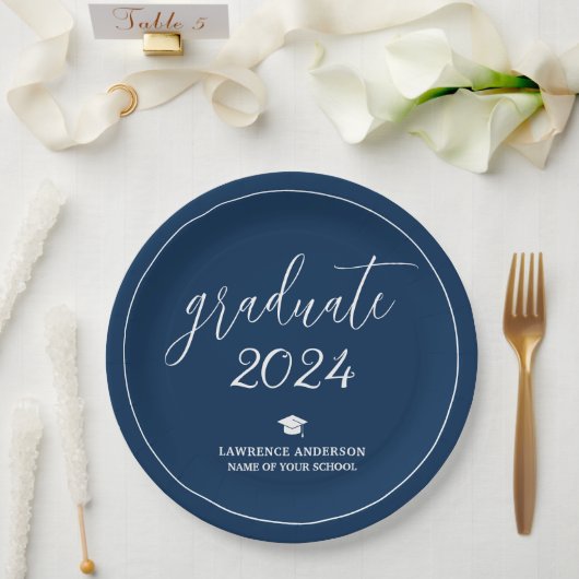 Assiettes En Carton Graduation Minimal Chic Navy Blue 2024 (Mariage)