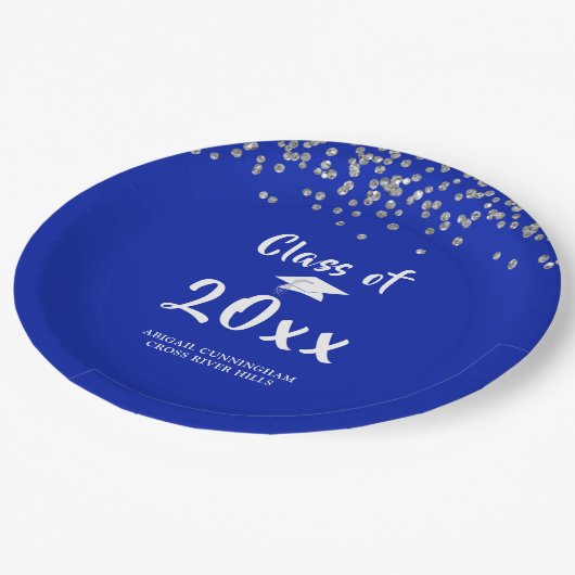 Assiettes En Carton Graduation Party Classe Royal Blue Silver Confetti (Angle)