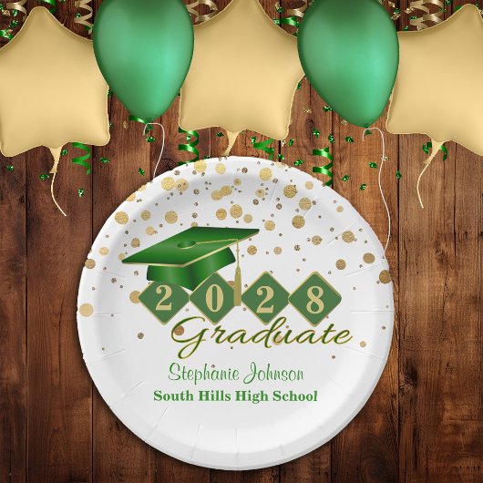 Assiettes En Carton Graduation Party Green & Gold 20XX