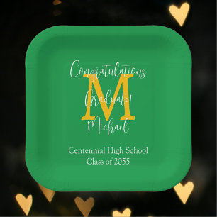Assiettes En Carton Graduation Party Green Gold White Nom Monogramme