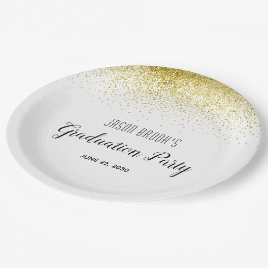 Assiettes En Carton Graduation Party Platinum Gold Confetti sur blanc (Angle)