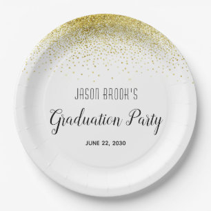 Assiettes En Carton Graduation Party Platinum Gold Confetti sur blanc