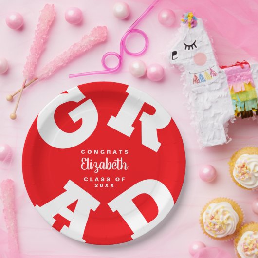 Assiettes En Carton Graduation personnalisée en rouge et blanc (Fête)