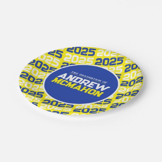 Assiettes En Carton Graduation personnalisée jaune et bleu (Angle)