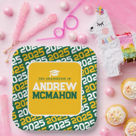 Assiettes En Carton Graduation personnalisée verte et or (Fête)