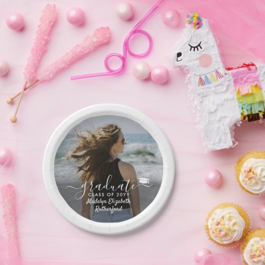 Assiettes En Carton Graduation Photo & Elegant White Script Classe Ann (Fête)