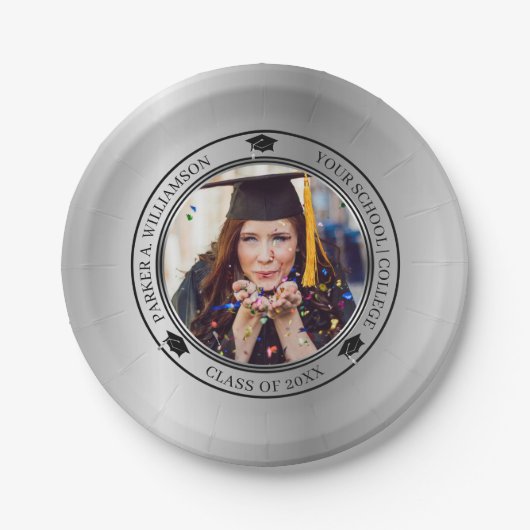 Assiettes En Carton Graduation Photo Silver Tone Grad Classe Casquette (Devant)