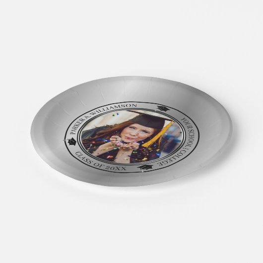 Assiettes En Carton Graduation Photo Silver Tone Grad Classe Casquette (Angle)