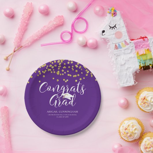Assiettes En Carton Graduation Purple CONGRATS GRAD Script Confetti (Fête)