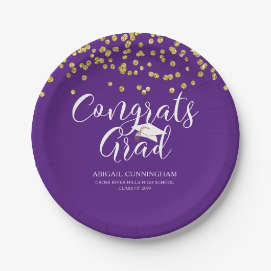 Assiettes En Carton Graduation Purple CONGRATS GRAD Script Confetti (Devant)
