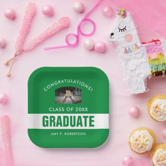 Assiettes En Carton Graduation verte et blanche Photo personnalisée (Fête)