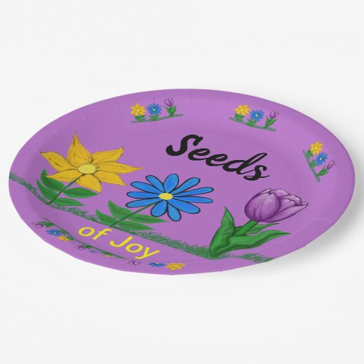 Assiettes En Carton Graines de joie Fleurs Jardin Jaune Bleu pourpre (Angle)